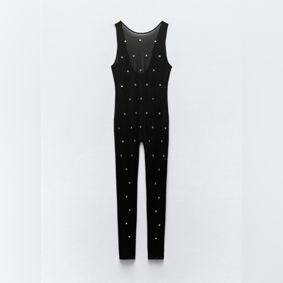 Zara JUMPSUIT w/RHINESTONE ORGANZA Size Small - NWT - Picture 2 of 9